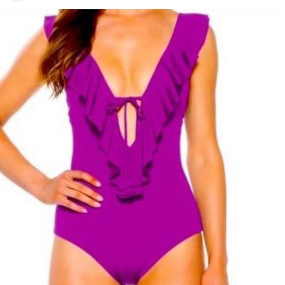 BECCA Socialite Ruffle One Piece Swimsuit Plunging Bathing Suit Sz Med Dahlia